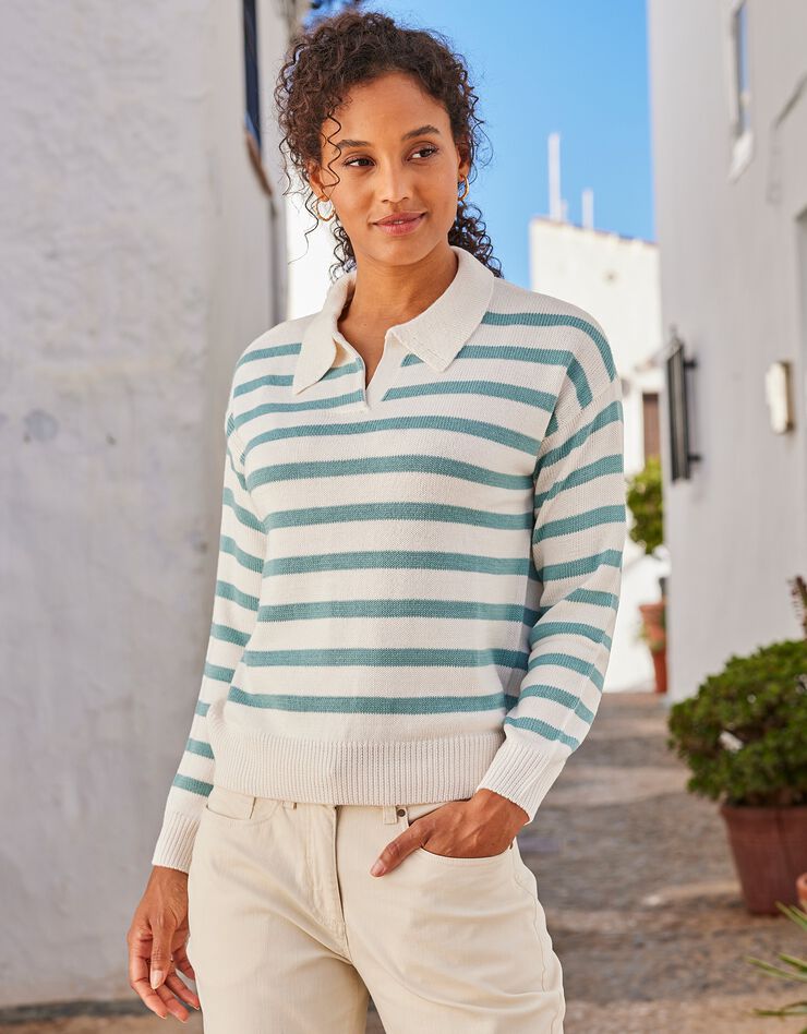 Pull col polo rayé (écru / vert)