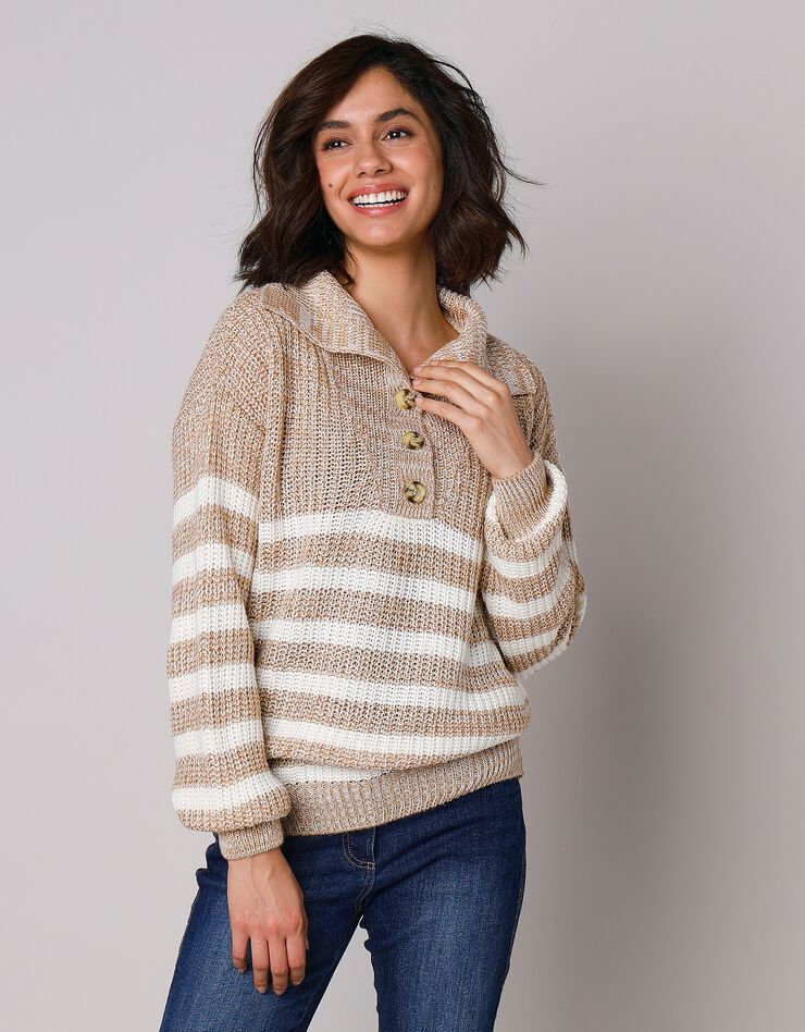 Pull col camionneur rayé, maille anglaise toucher mohair (écru / caramel) Pull col camionneur rayé, maille anglaise toucher mohair (écru / caramel)