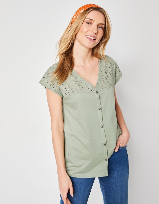 Tee-shirt boutonné, broderie anglaise (vert grisé)