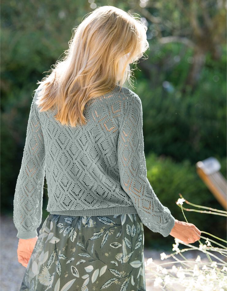 Cardigan boutonné maille fantaisie ajourée (vert amande) Cardigan boutonné maille fantaisie ajourée (vert amande)