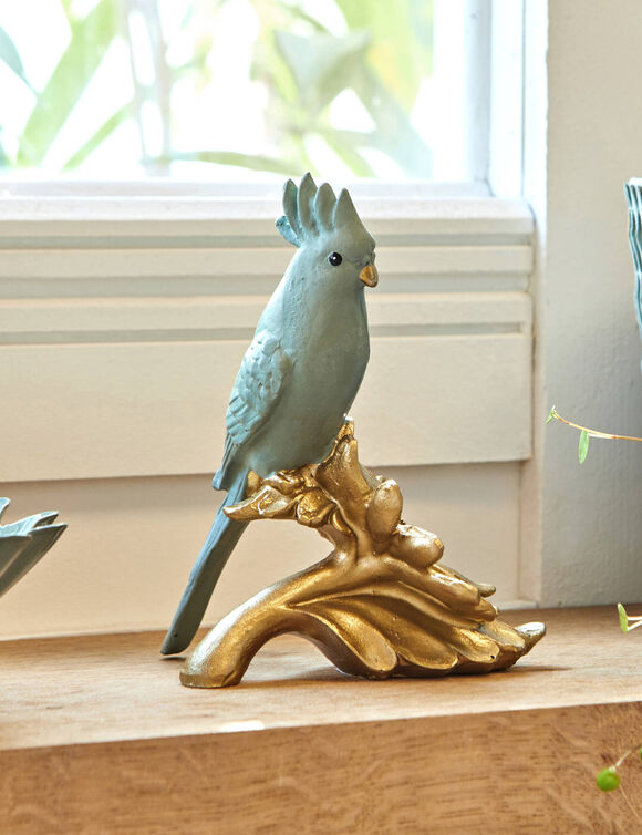 Statuette perroquet sur fleur dorée (gris/doré)