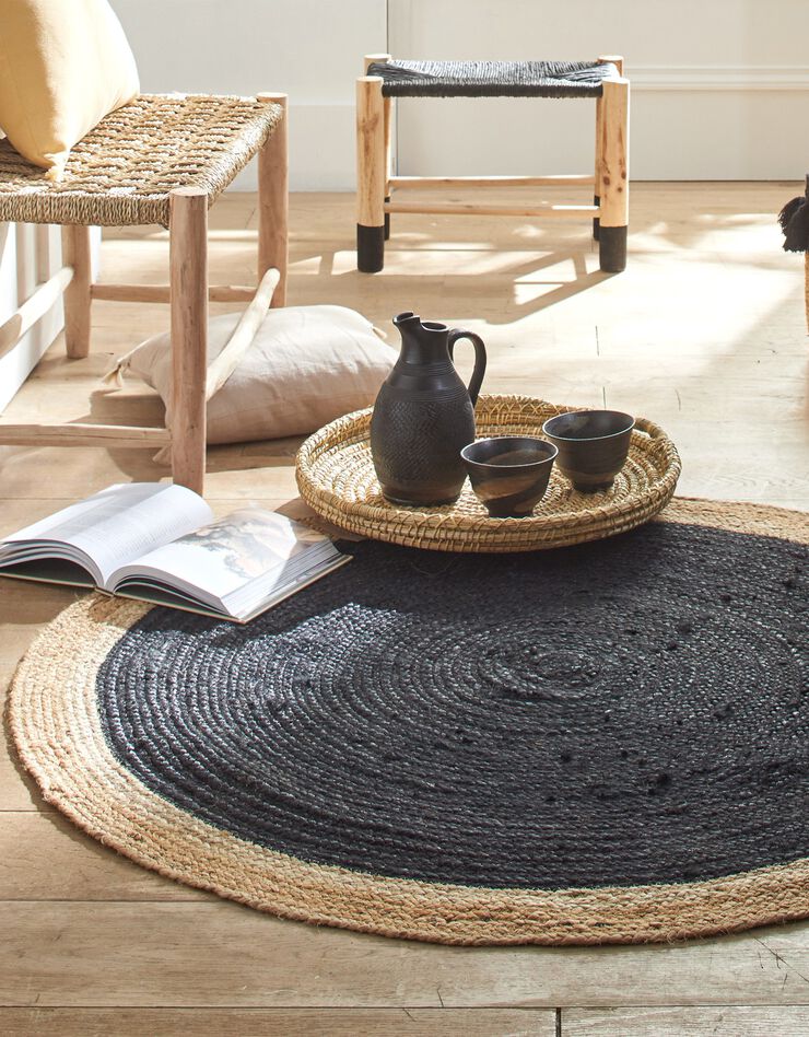 Tapis rond jute bicolore noir et naturel (jute/noir)