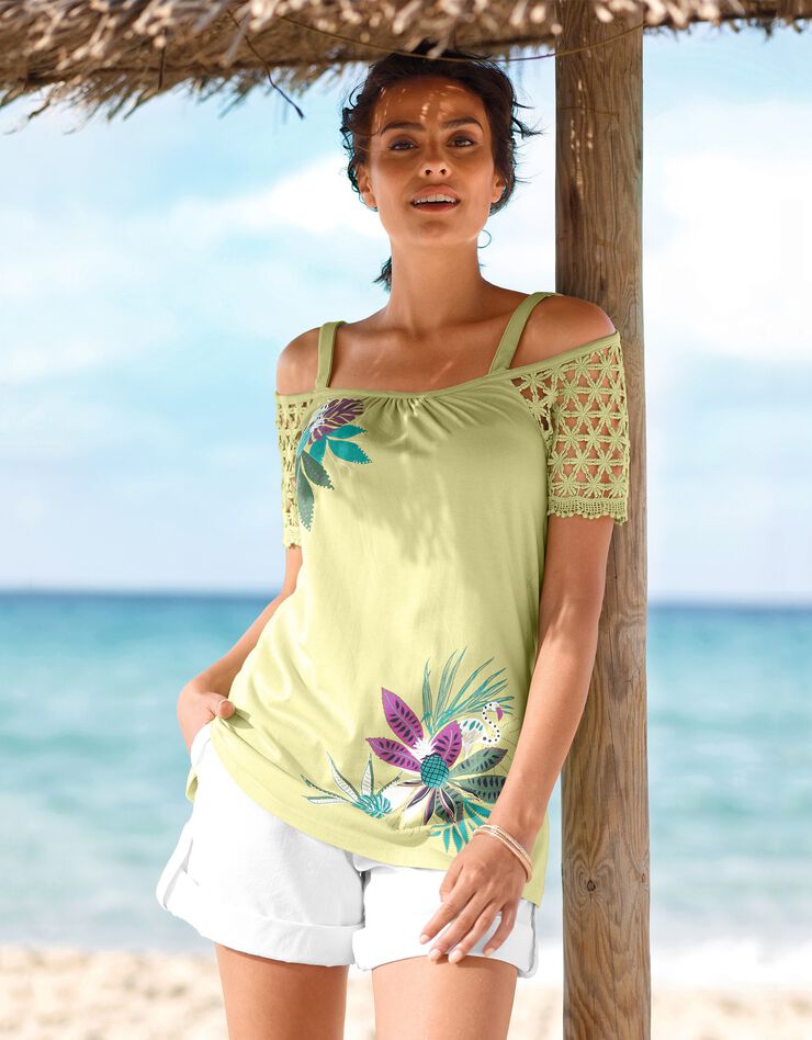 Tee-shirt macramé épaules dénudées (tilleul) Tee-shirt macramé épaules dénudées (tilleul)