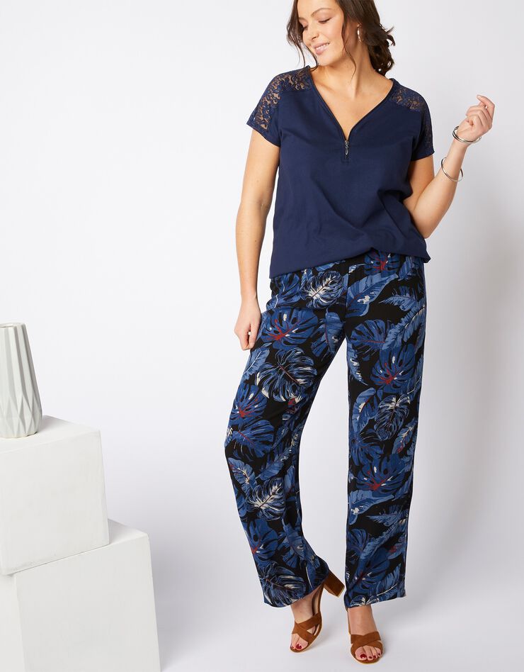 Pantalon large en crépon fluide - imprimé (noir / indigo) Pantalon large en crépon fluide - imprimé (noir / indigo)