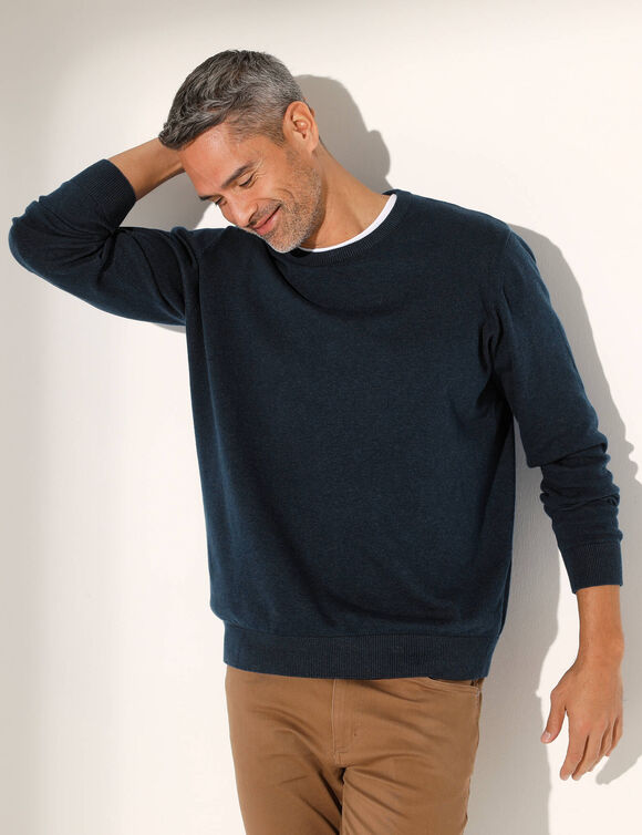 Pull pur coton col rond (marine chiné)