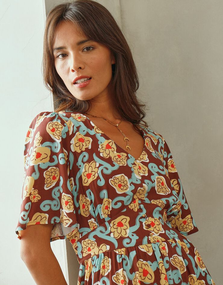 Robe fluide imprimée, collection "Odette Lepeltier" (chocolat / safran)