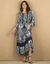 Robe longue imprimée manches 3/4 fendues, crépon (noir / écru)