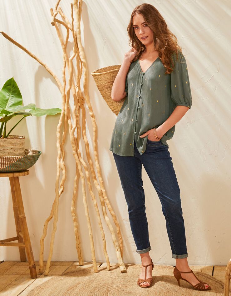 Blouse imprimé doré, crépon (kaki / doré) Blouse imprimé doré, crépon (kaki / doré)