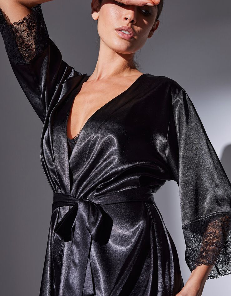 Peignoir court satin et dentelle (noir)