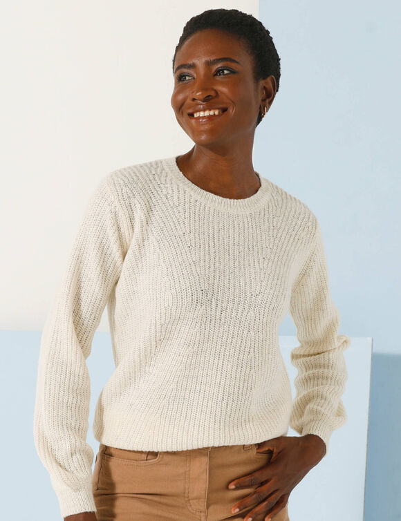 Pull col rond, maille anglaise toucher doux (écru)