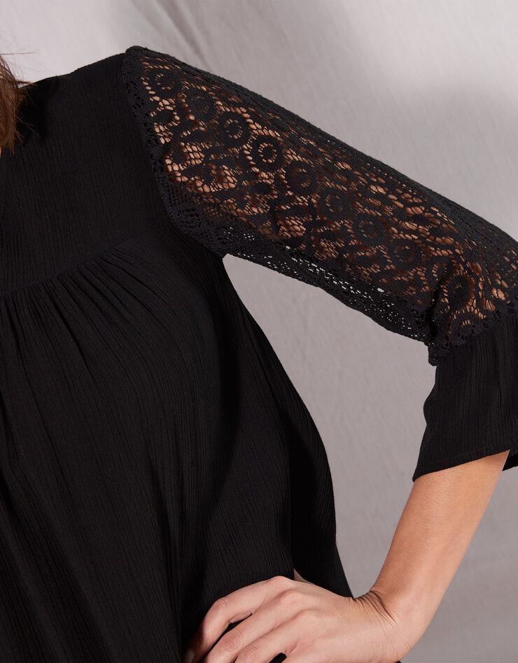 Blouse unie col V manches 3/4 macramé (noir) Blouse unie col V manches 3/4 macramé (noir)