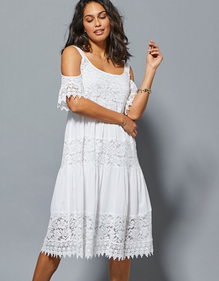 Robe dentelle macramé épaules dénudées (blanc)