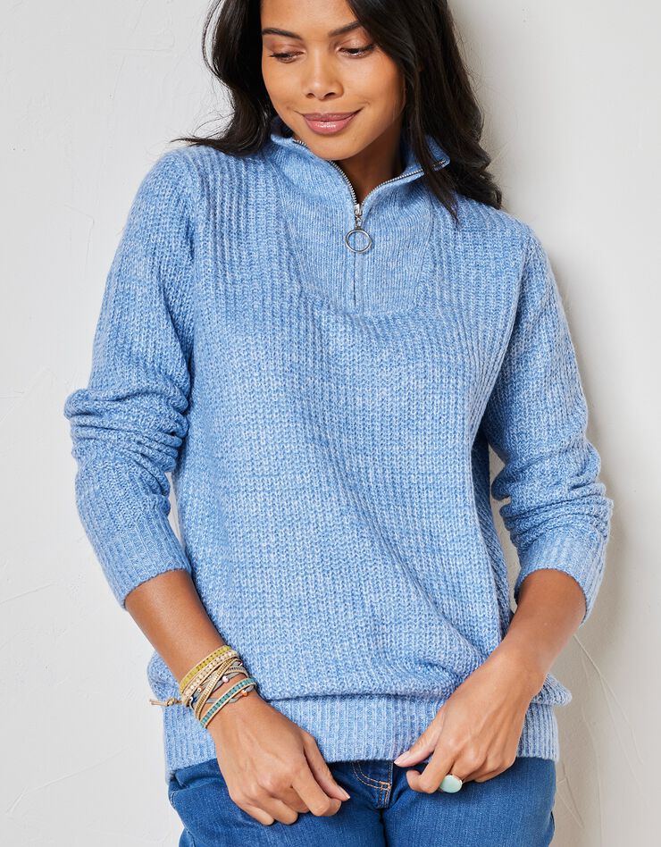 Pull col zippé maille anglaise toucher mohair (bleu chiné) Pull col zippé maille anglaise toucher mohair (bleu chiné)