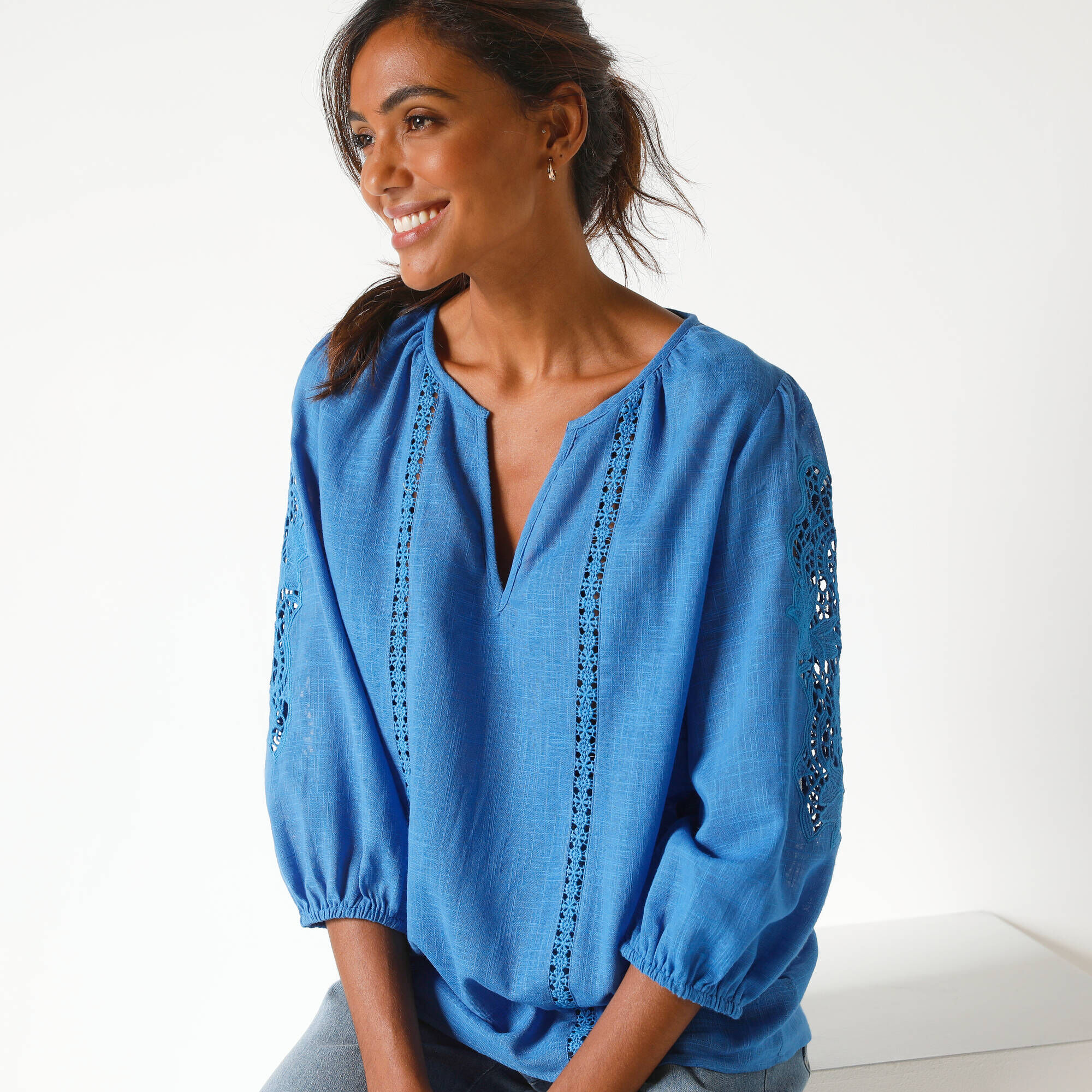 Blouse H&M Blanche à Manches Brodées - Coton, Taille ~42 - Occasion Très Bon état