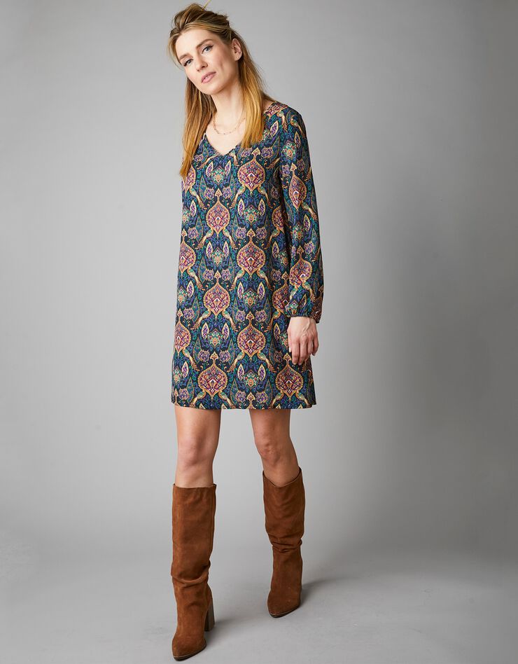 Robe en crêpe imprimé façon cachemire (noir / multicolore) Robe en crêpe imprimé façon cachemire (noir / multicolore)