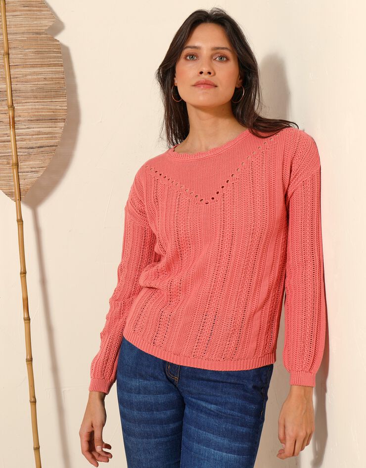Pull col festonné, maille ajourée fantaisie (corail) Pull col festonné, maille ajourée fantaisie (corail)