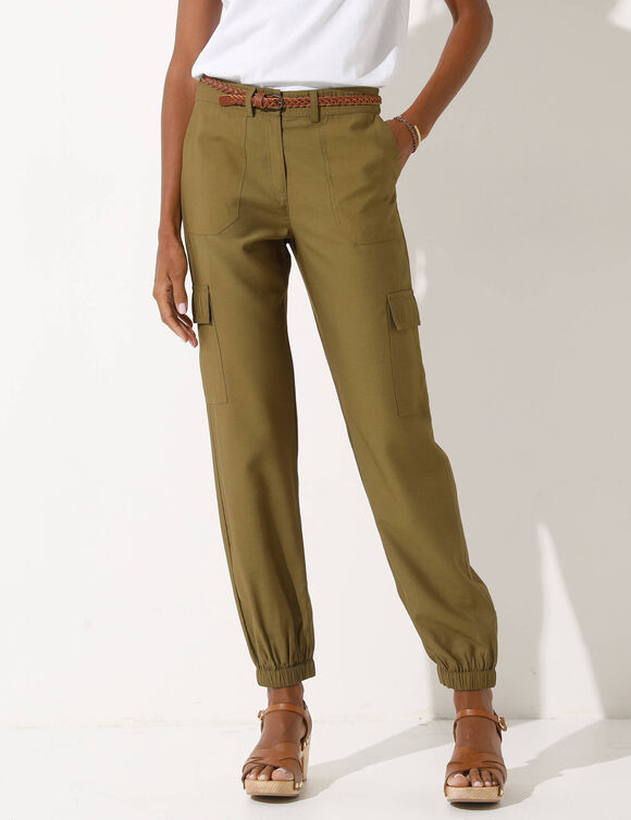 Pantalon cargo, bas de jambe élastiqué (kaki)