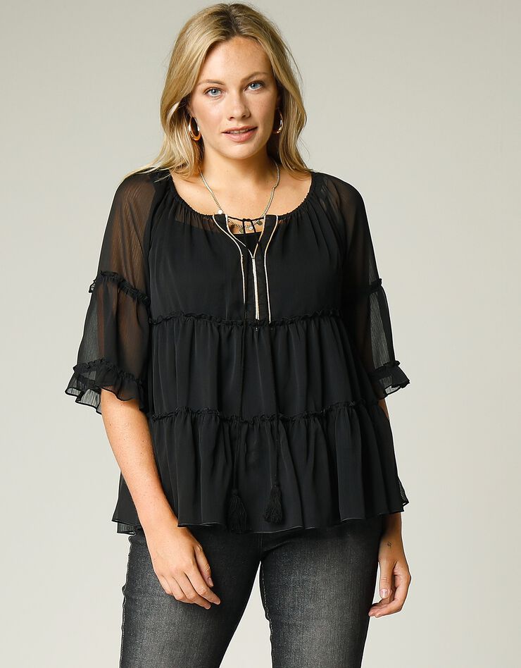 Blouse volantée voile unie détails dorés (noir) Blouse volantée voile unie détails dorés (noir)