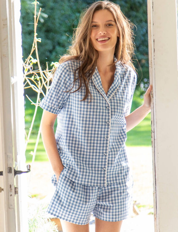 Pyjama short col tailleur coton &agrave; carreaux tiss&eacute;s teints (bleu)