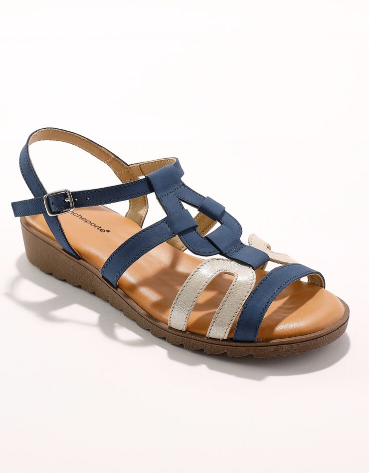 Sandales compensées cuir bi-matière (bleu)