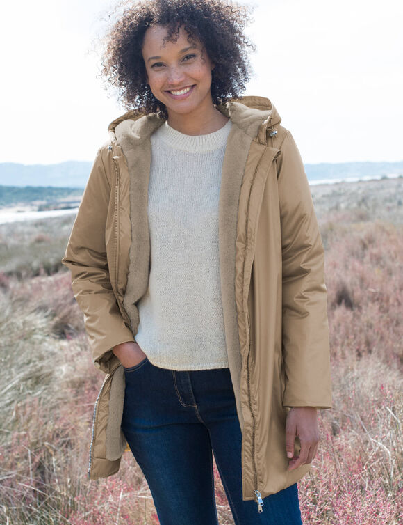 Parka imperm&eacute;able fourr&eacute;e, mi-longue (beige iris&eacute;)