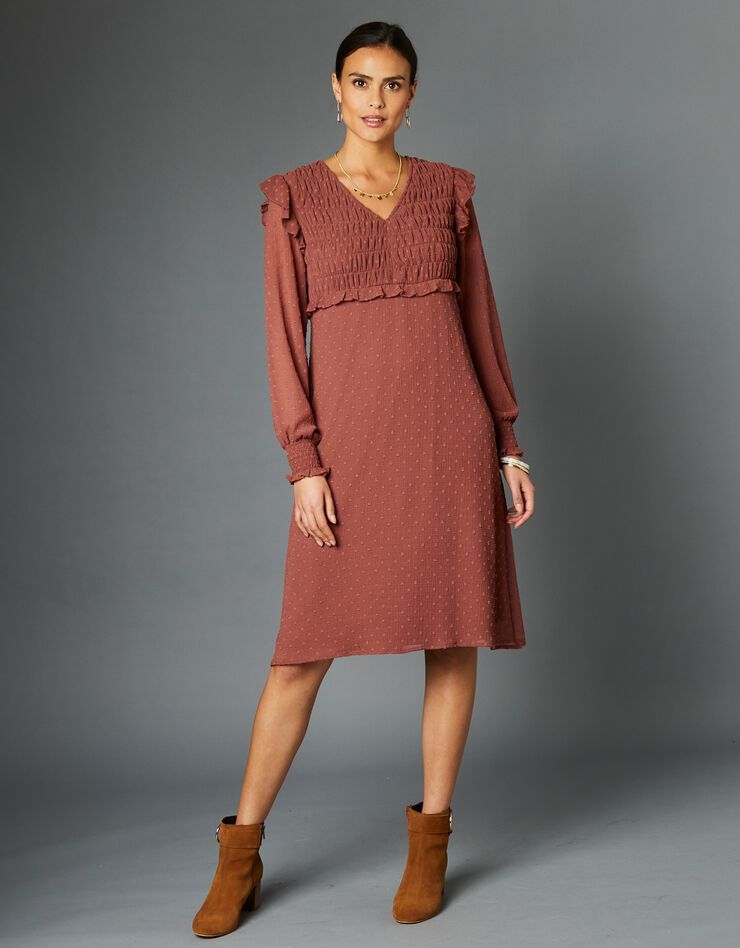 Robe plumetis évasée smockée (bois de rose) Robe plumetis évasée smockée (bois de rose)