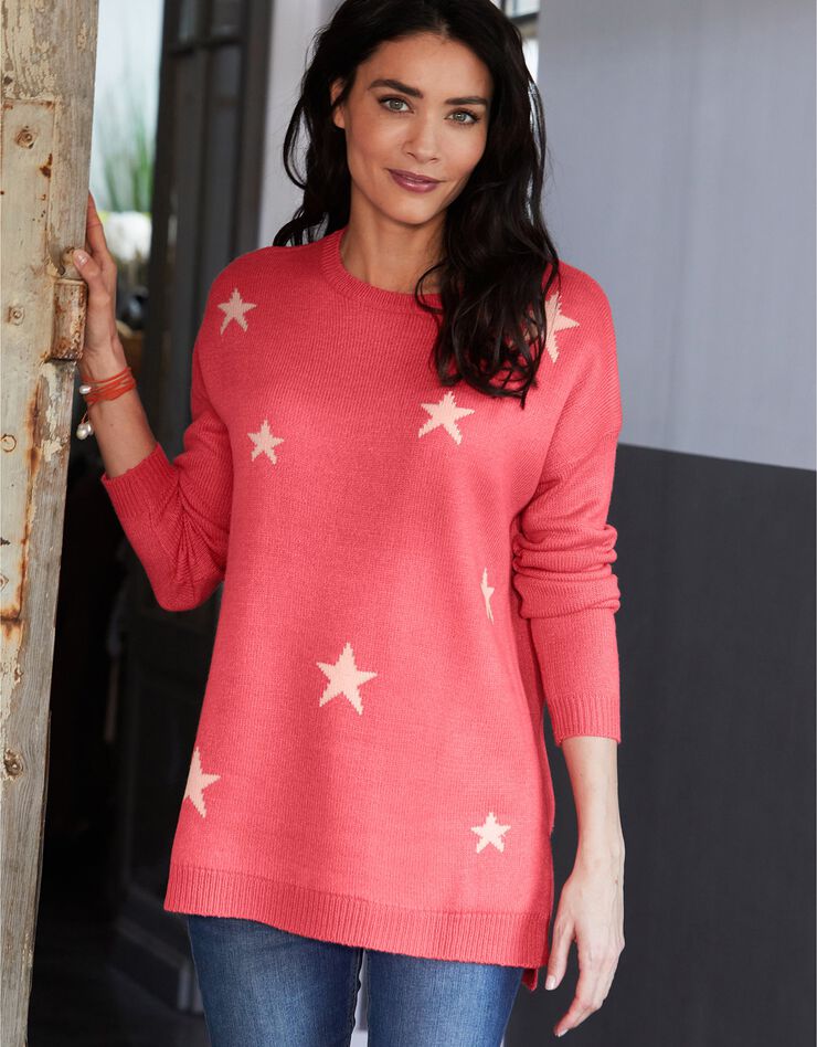 Pull jacquard étoiles maille toucher cachemire (corail / pêche) Pull jacquard étoiles maille toucher cachemire (corail / pêche)