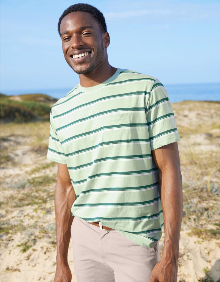 Tee-shirt rayé col rond poche poitrine (vert) Tee-shirt rayé col rond poche poitrine (vert)