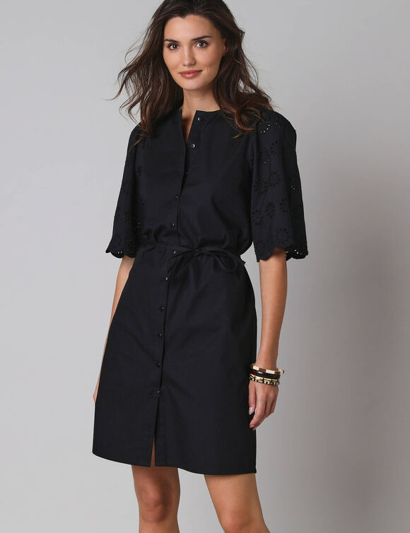 Robe-chemisier en coton uni, &agrave; manches coudes en broderies anglaises (noir)