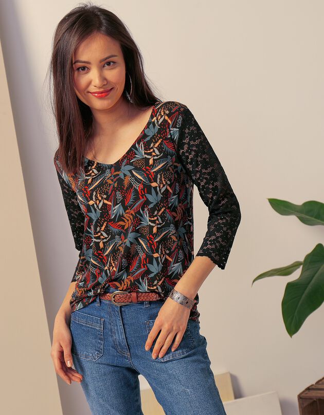 Tee-shirt imprimé, col V, dentelle aux manches (noir / bronze) Tee-shirt imprimé, col V, dentelle aux manches (noir / bronze)