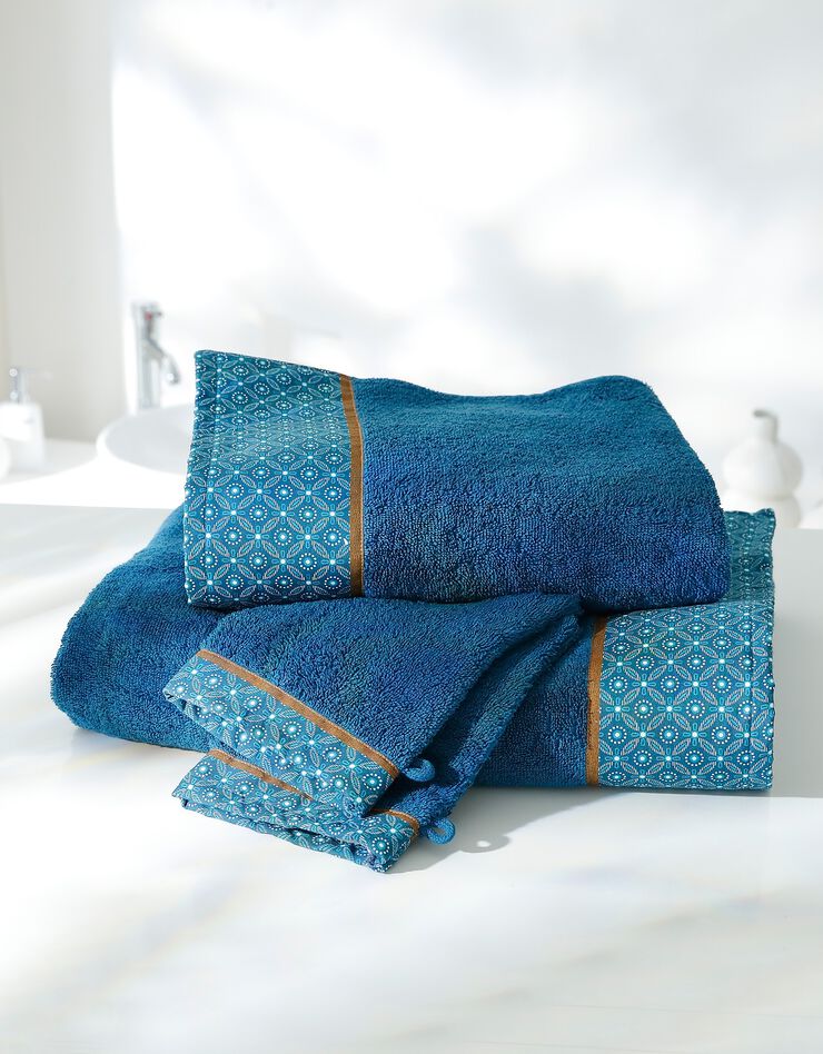 Éponge coton liteau motif géométrique - 420 g/m² (bleu paon)