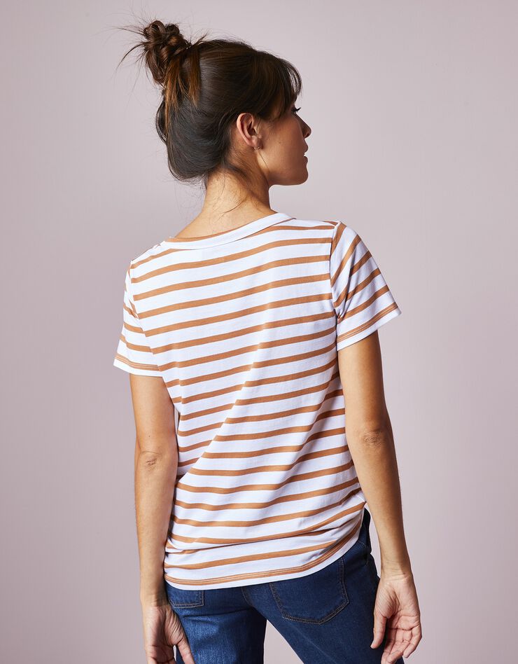 Tee-shirt rayé broderie "coeur", fils tissés-teints (écru / caramel) Tee-shirt rayé broderie "coeur", fils tissés-teints (écru / caramel)