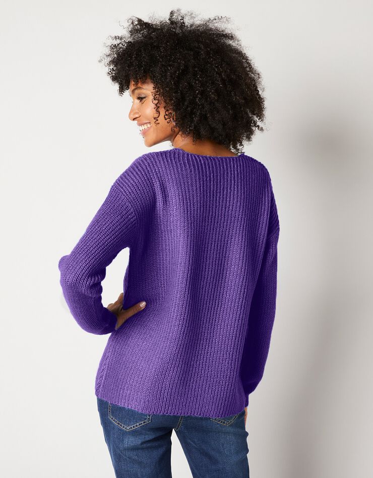 Pull col V, maille anglaise toucher mohair (violet)