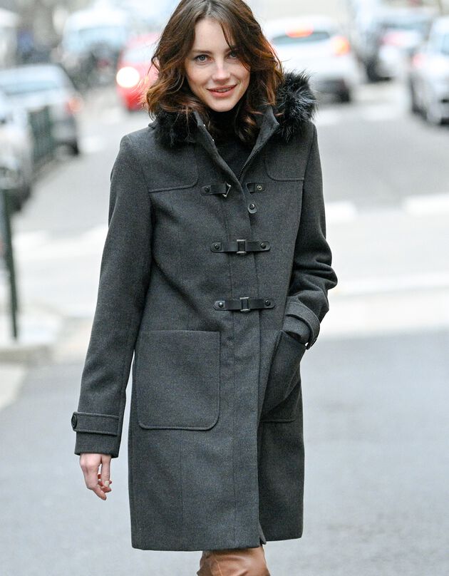 Duffle-coat capuche fausse fourrure uni (anthracite chiné)