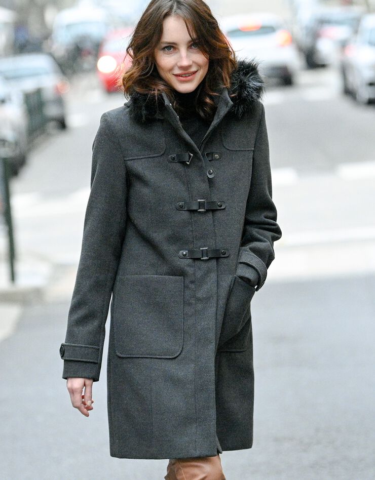 Duffle-coat capuche fausse fourrure uni (anthracite chiné)