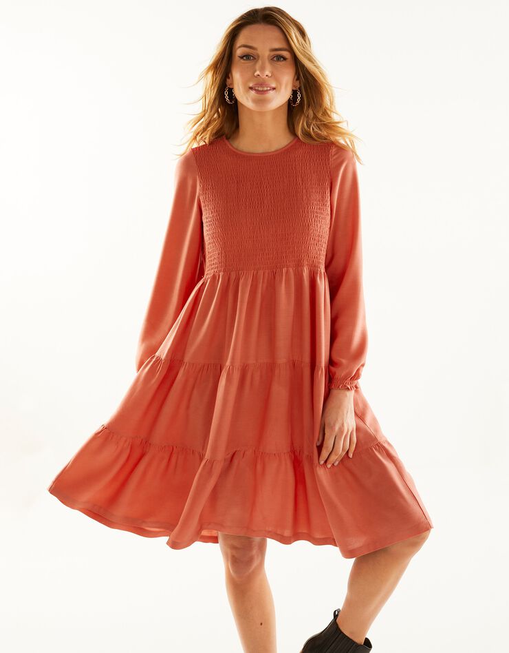 Robe smockée manches longues unie (paprika) Robe smockée manches longues unie (paprika)
