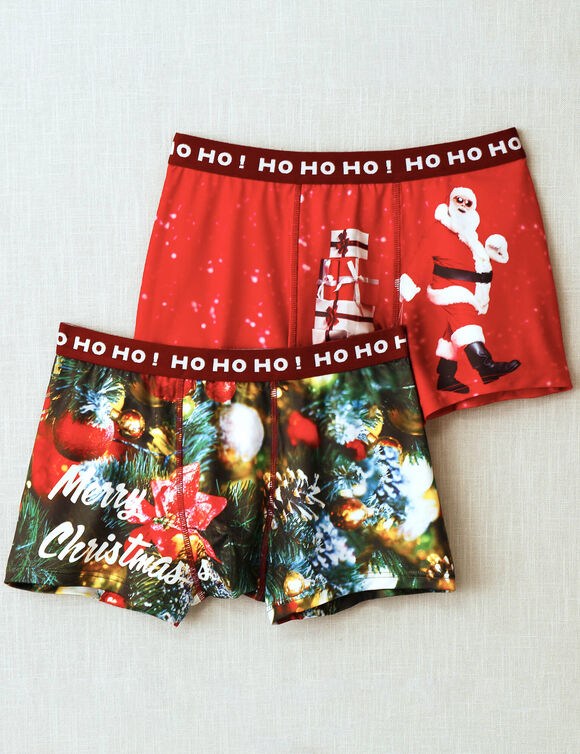 Lot de 2 boxers imprim&eacute; No&euml;l , en microfibre stretch (rouge)