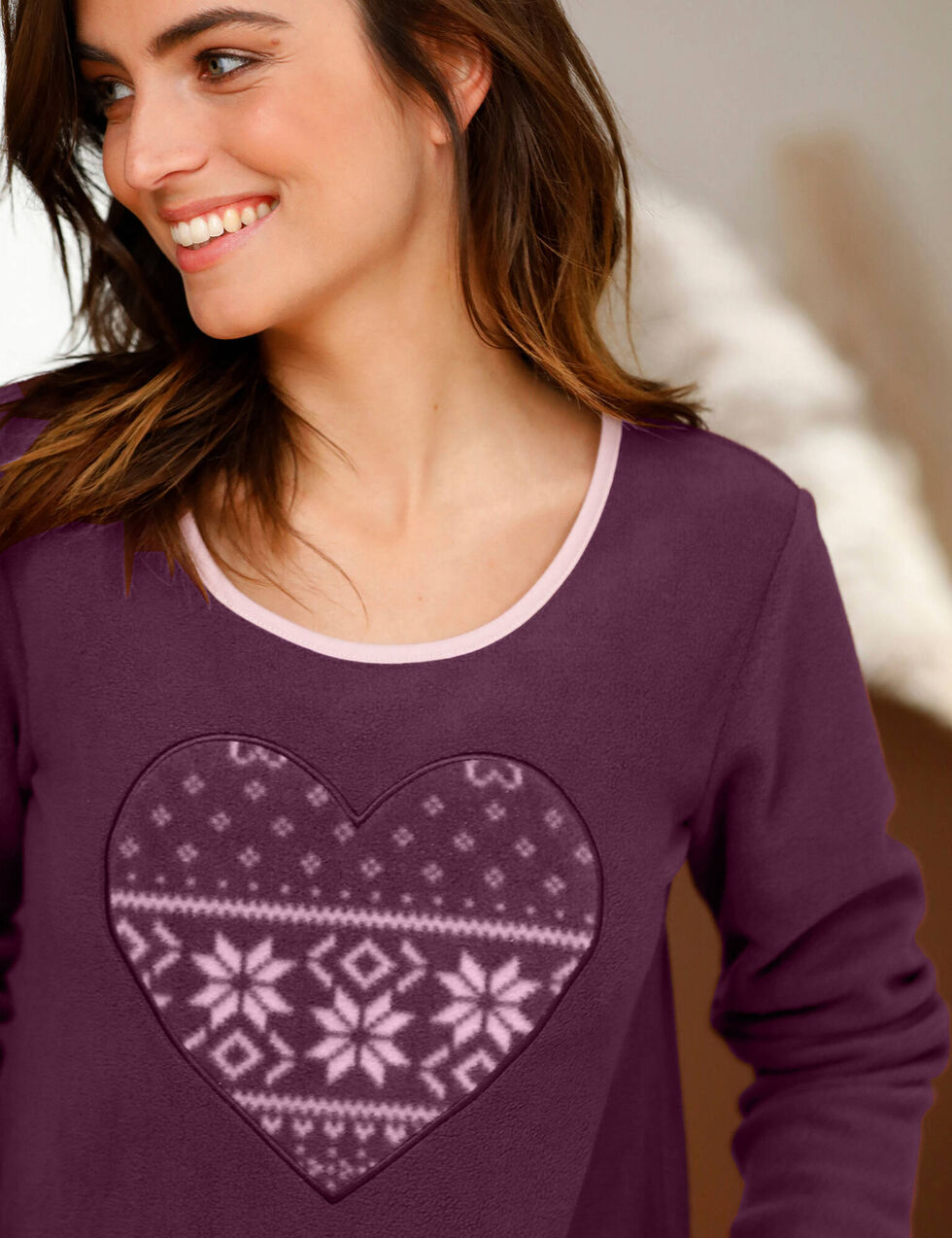 Chemise de nuit polaire imprim?� coeur manches longues, prune | Blancheporte