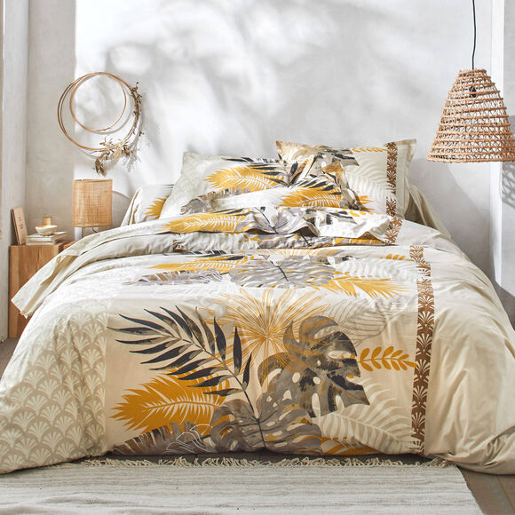 Linge de lit Cayenne en coton imprimé feuilles de palmiers (beige)