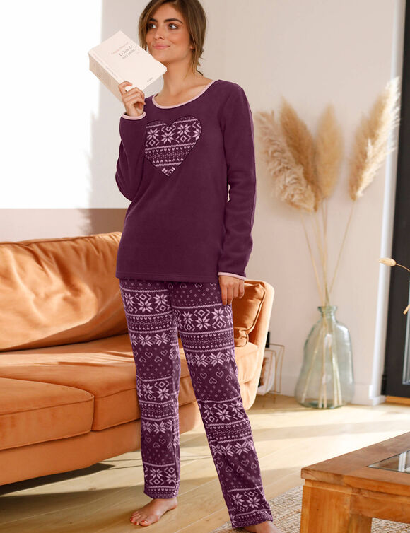 Pyjama pantalon imprim&eacute; coeur, maille polaire (prune)