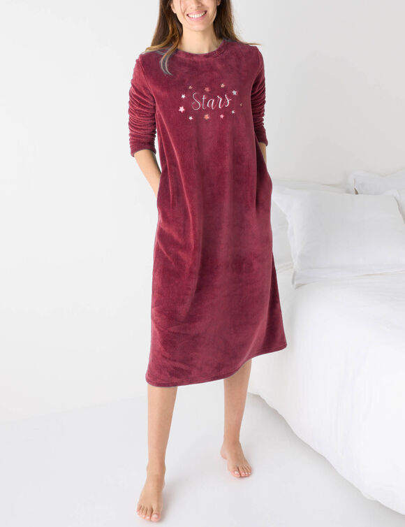 Chemise de nuit longue broderies &eacute;toiles, maille polaire (bordeaux)