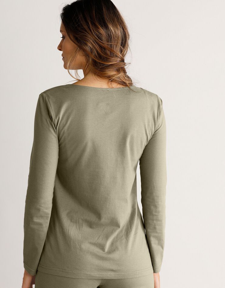 Tee-shirt col plumetis manches longues (vert olive) Tee-shirt col plumetis manches longues (vert olive)