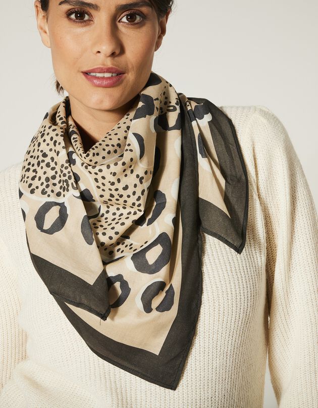 Foulard fabriqué en France imprimé panthères 100 x 100 cm - coton (écru / noir)