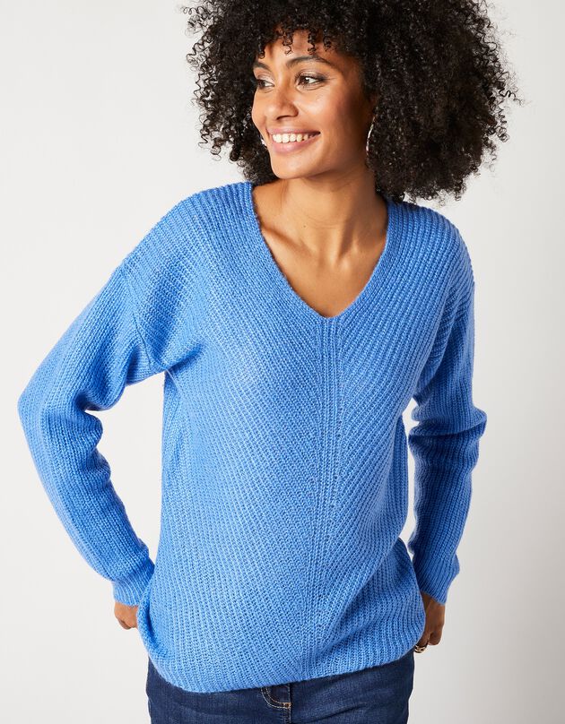 Pull col V, maille anglaise toucher mohair (bleu lavande)