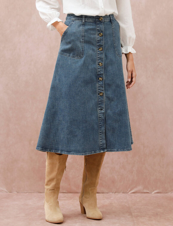 Jupe longue &eacute;vas&eacute;e boutonn&eacute;e devant, denim stretch (stone)