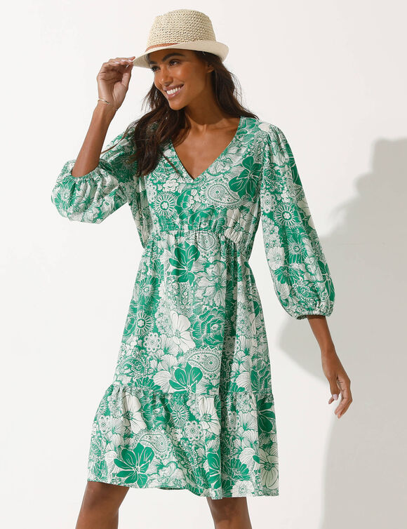 Robe courte imprimé fleuri (écru / vert)