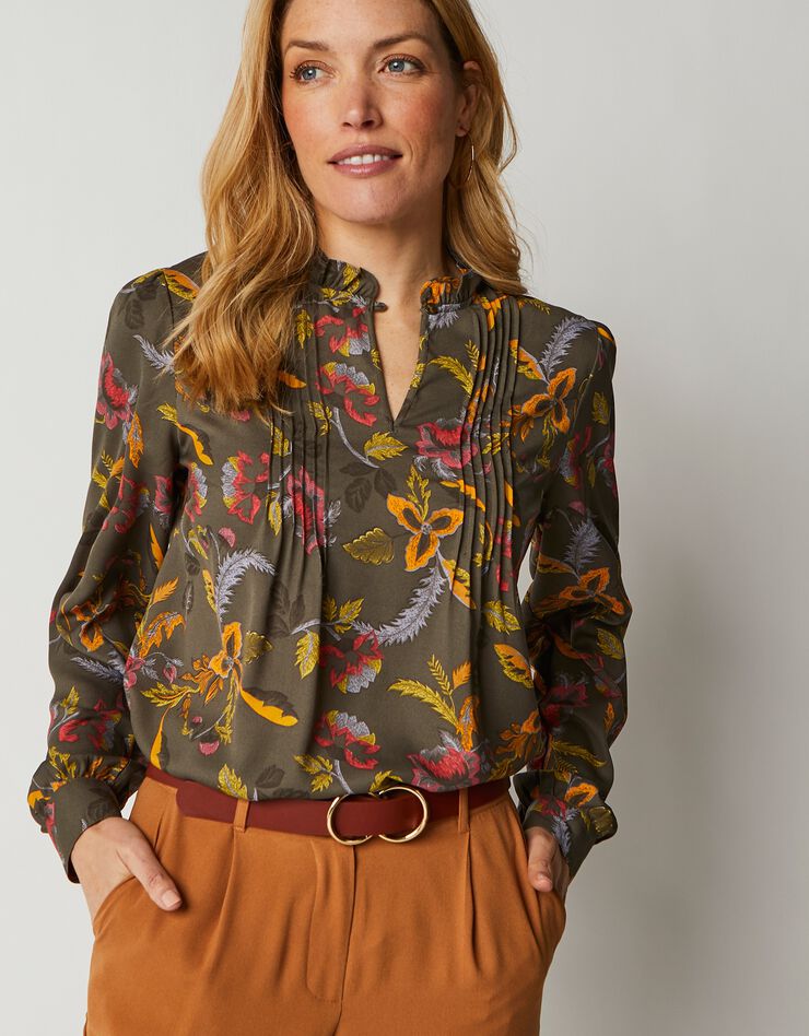 Blouse à plis manches longues imprimée (bronze / corail) Blouse à plis manches longues imprimée (bronze / corail)