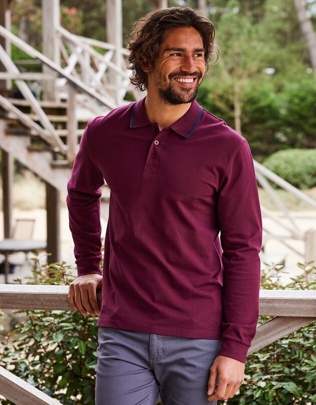 Polo uni maille piquée manches longues (bordeaux)