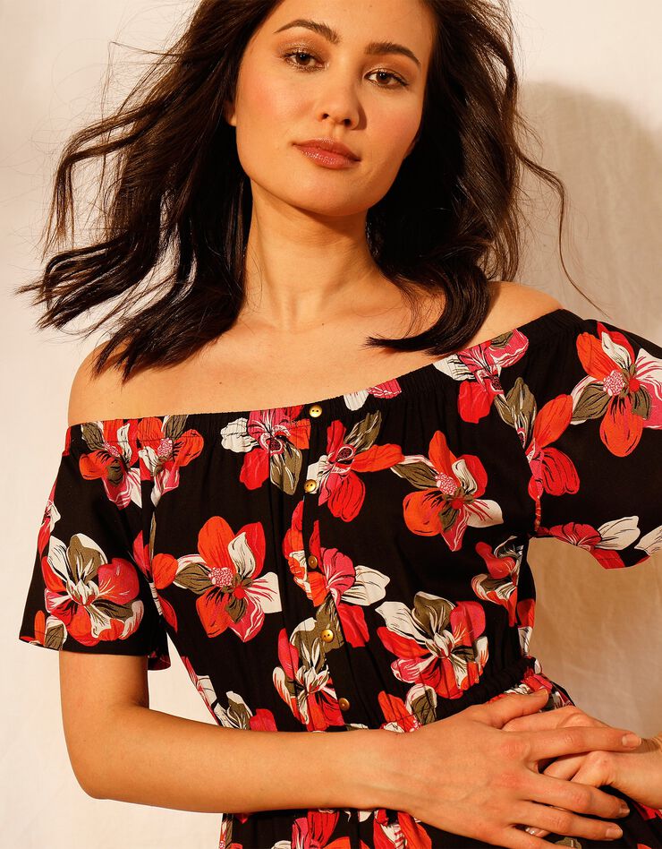 Robe longue manches courtes (noir / corail) Robe longue manches courtes (noir / corail)