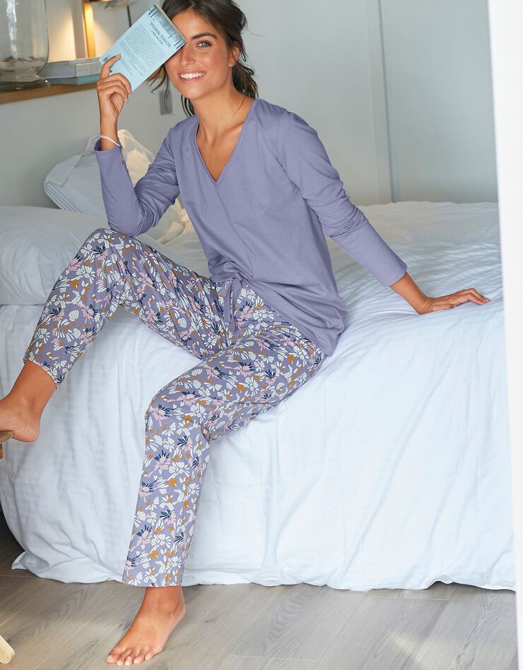 Pantalon pyjama coton imprimé "pétales" (parme / écru) Pantalon pyjama coton imprimé "pétales" (parme / écru)
